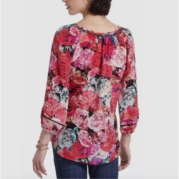 Vanessa Virginia Pink Rose Peasant‎ Blouse 100% Silk Medium Print Anthropologie - Picture 3 of 12